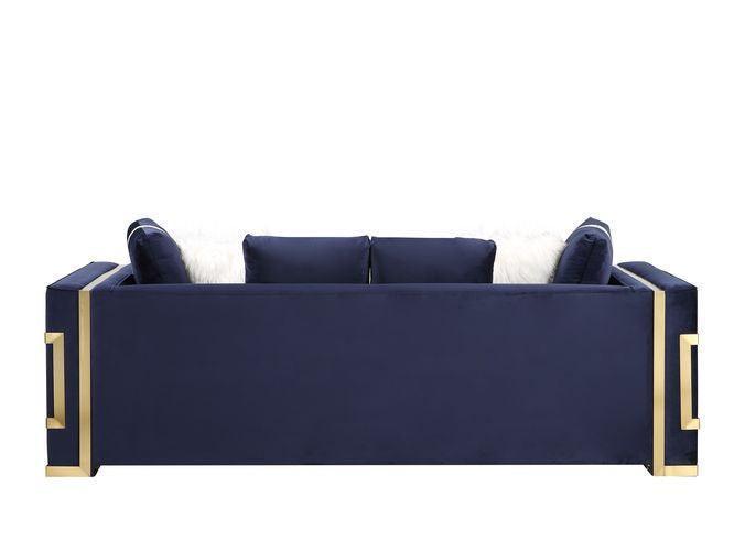 ACME Virrux Sofa w/6Pillows, Blue Velvet & Gold Finish FredCo