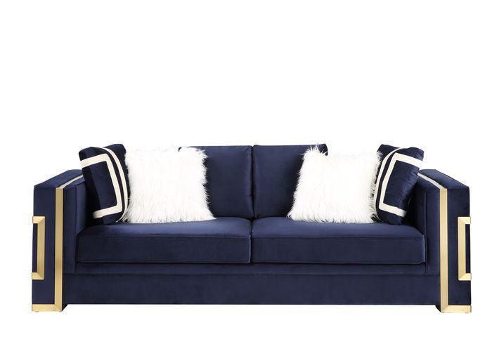 ACME Virrux Sofa w/6Pillows, Blue Velvet & Gold Finish FredCo
