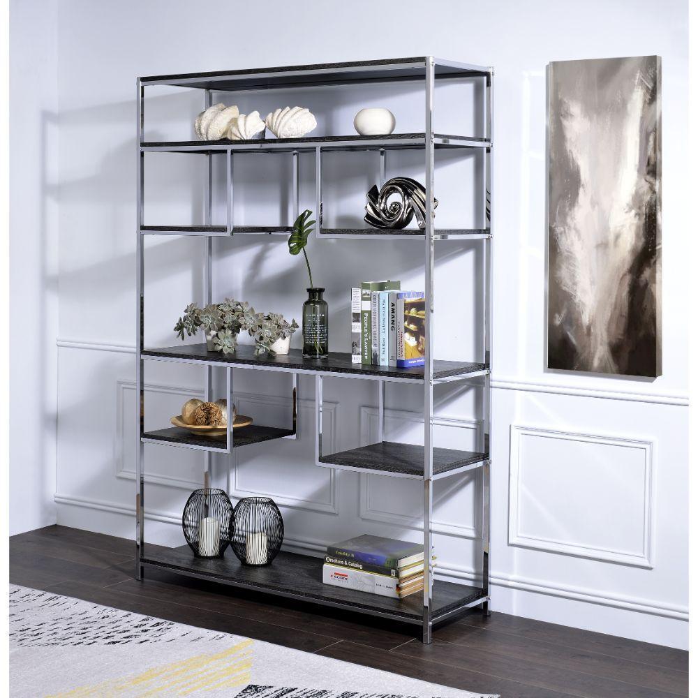 ACME Vonara Bookshelf, Rustic Gray Oak & Chrome FredCo