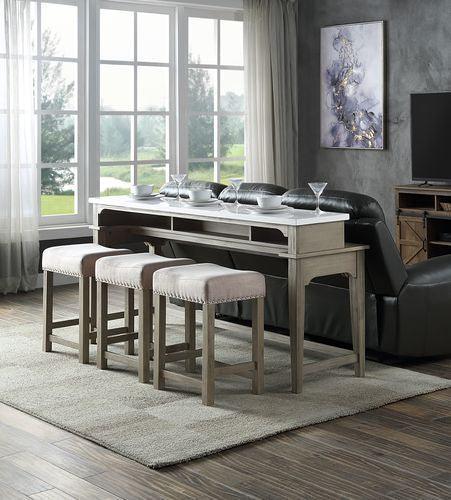 ACME Wandella 4Pc Pk Counter Height Set w/USB, Beige Fabric, Marble & Rustic Oak Finish FredCo