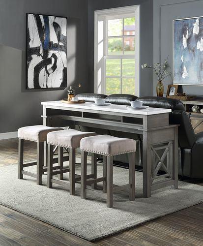 ACME Wandella 4Pc Pk Counter Height Set w/USB, Beige Fabric, Marble & Weathered Gray Finish FredCo
