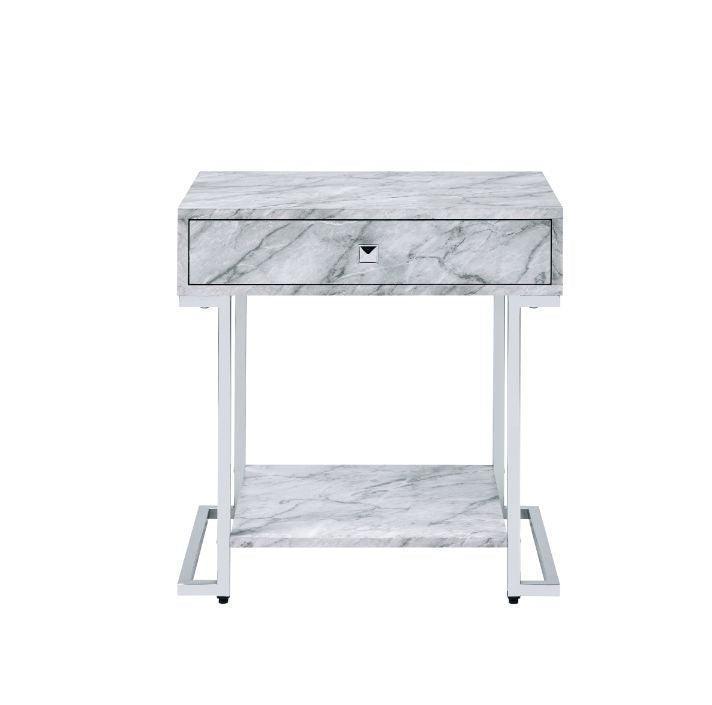 ACME Wither Accent Table, White Printed Faux Marble & Chrome Finish FredCo
