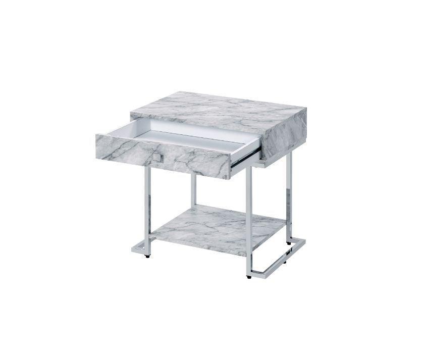 ACME Wither Accent Table, White Printed Faux Marble & Chrome Finish FredCo