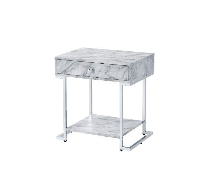 ACME Wither Accent Table, White Printed Faux Marble & Chrome Finish FredCo