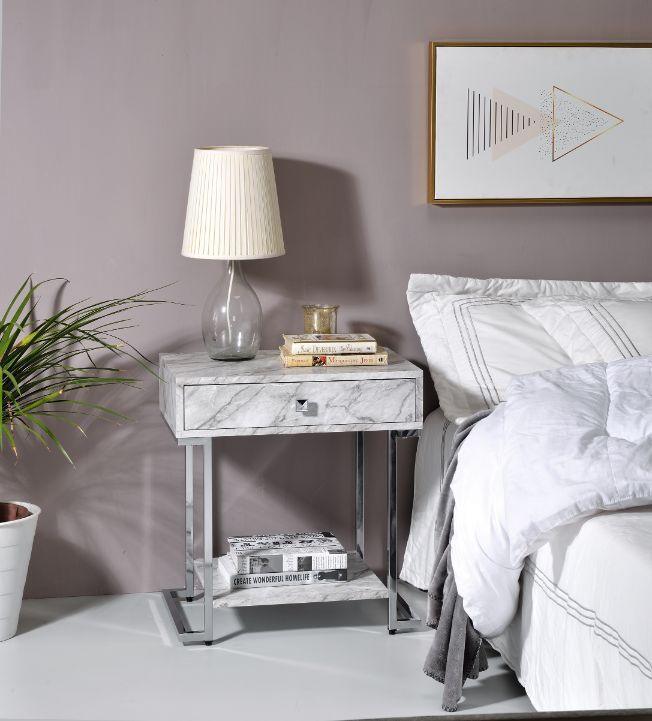 ACME Wither Accent Table, White Printed Faux Marble & Chrome Finish FredCo
