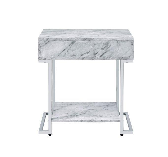 ACME Wither Accent Table, White Printed Faux Marble & Chrome Finish FredCo