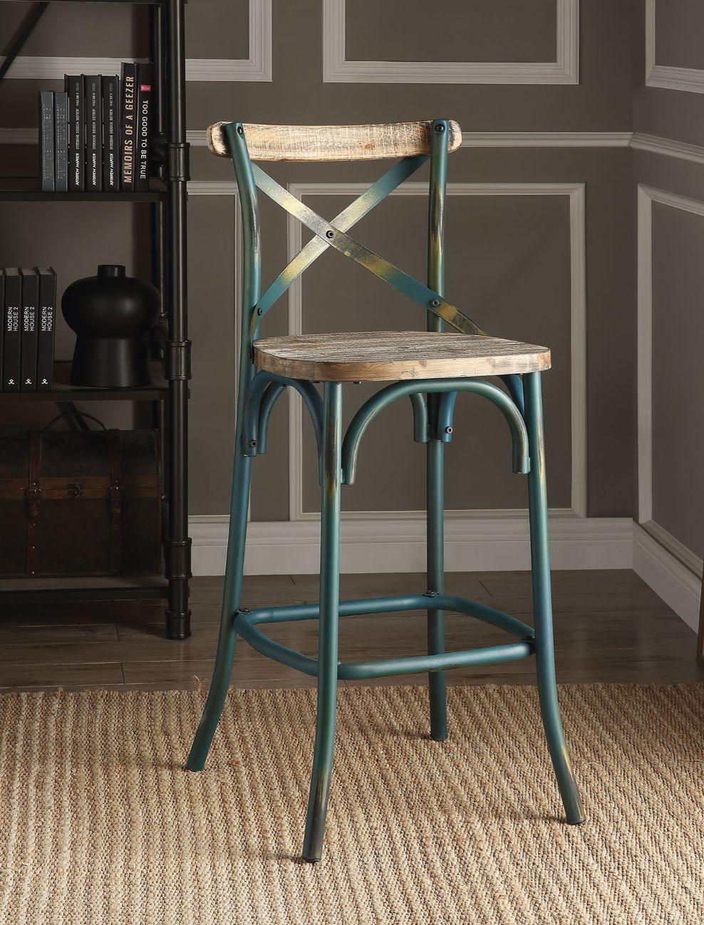 ACME Zaire Bar Chair (1Pc), Antique Turquoise & Antique Oak, 29" Seat Height FredCo