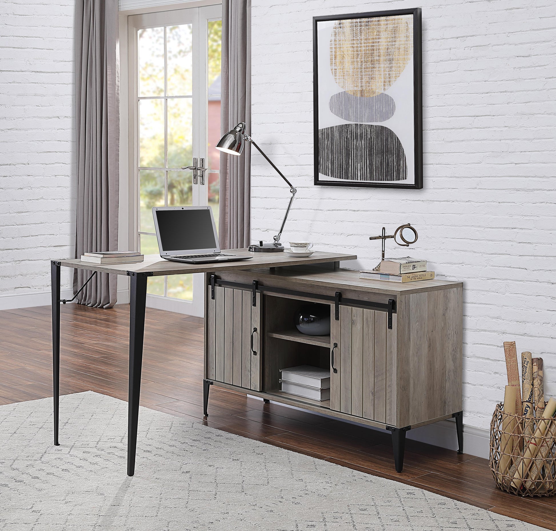 ACME Zakwani Writing Desk, Gray Oak & Black FredCo