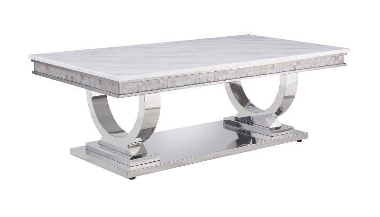 ACME Zander Coffee Table, White Printed Faux Marble & Mirrored Silver Finish FredCo