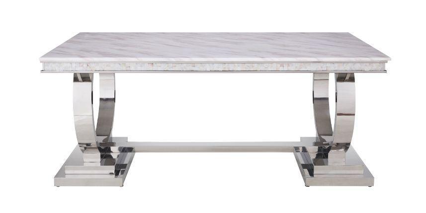 ACME Zander Dining Table, White Printed Faux Marble & Mirrored Silver Finish FredCo