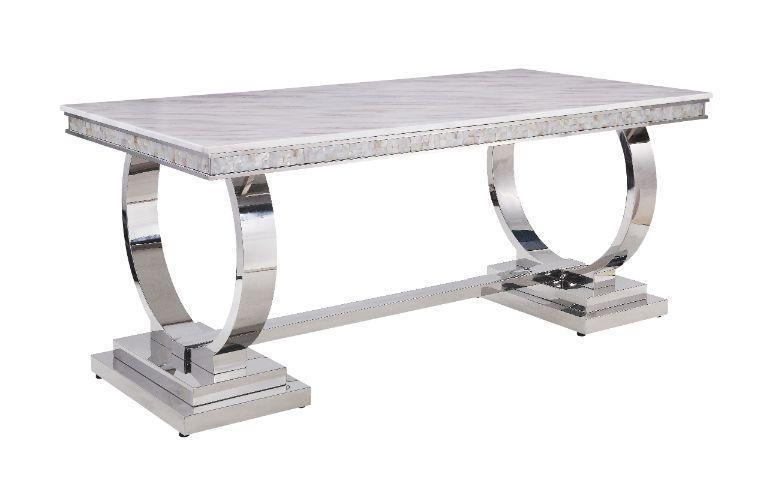 ACME Zander Dining Table, White Printed Faux Marble & Mirrored Silver Finish FredCo