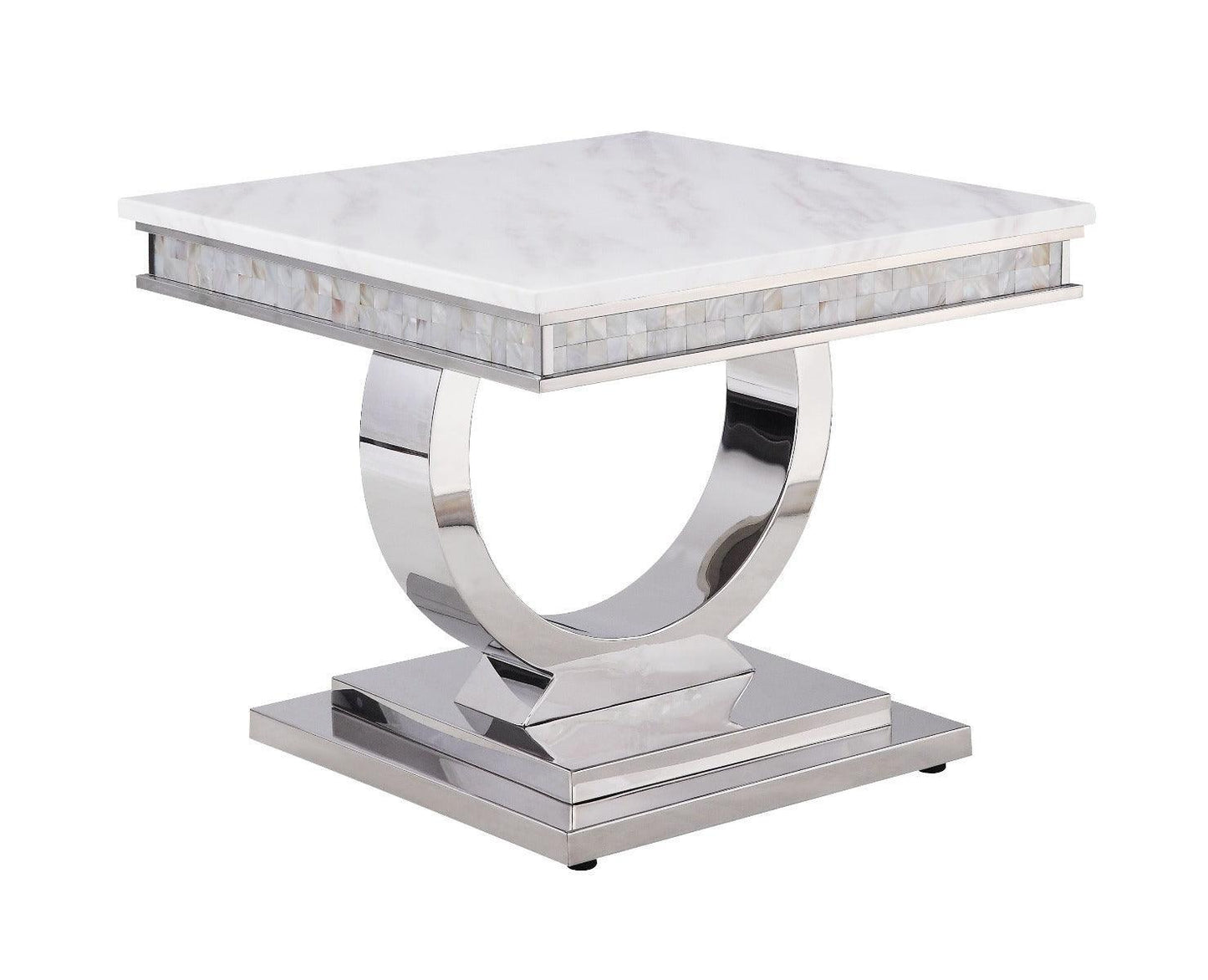 ACME Zander End Table, White Printed Faux Marble & Mirrored Silver Finish FredCo