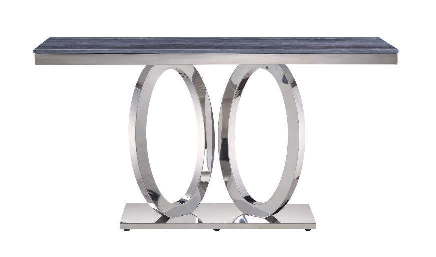ACME Zasir Sofa Table, Gray Printed Faux Marble & Mirrored Silver Finish FredCo
