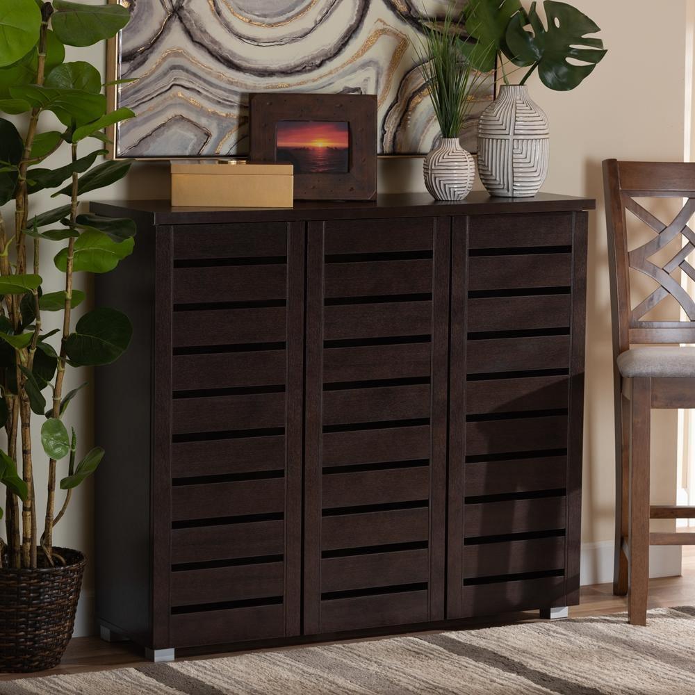 Adalwin Modern and Contemporary 3-Door Dark Brown Wooden Entryway Shoes Storage Cabinet FredCo