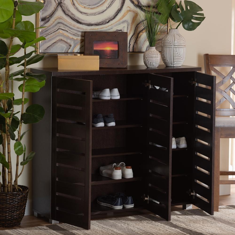Adalwin Modern and Contemporary 3-Door Dark Brown Wooden Entryway Shoes Storage Cabinet FredCo