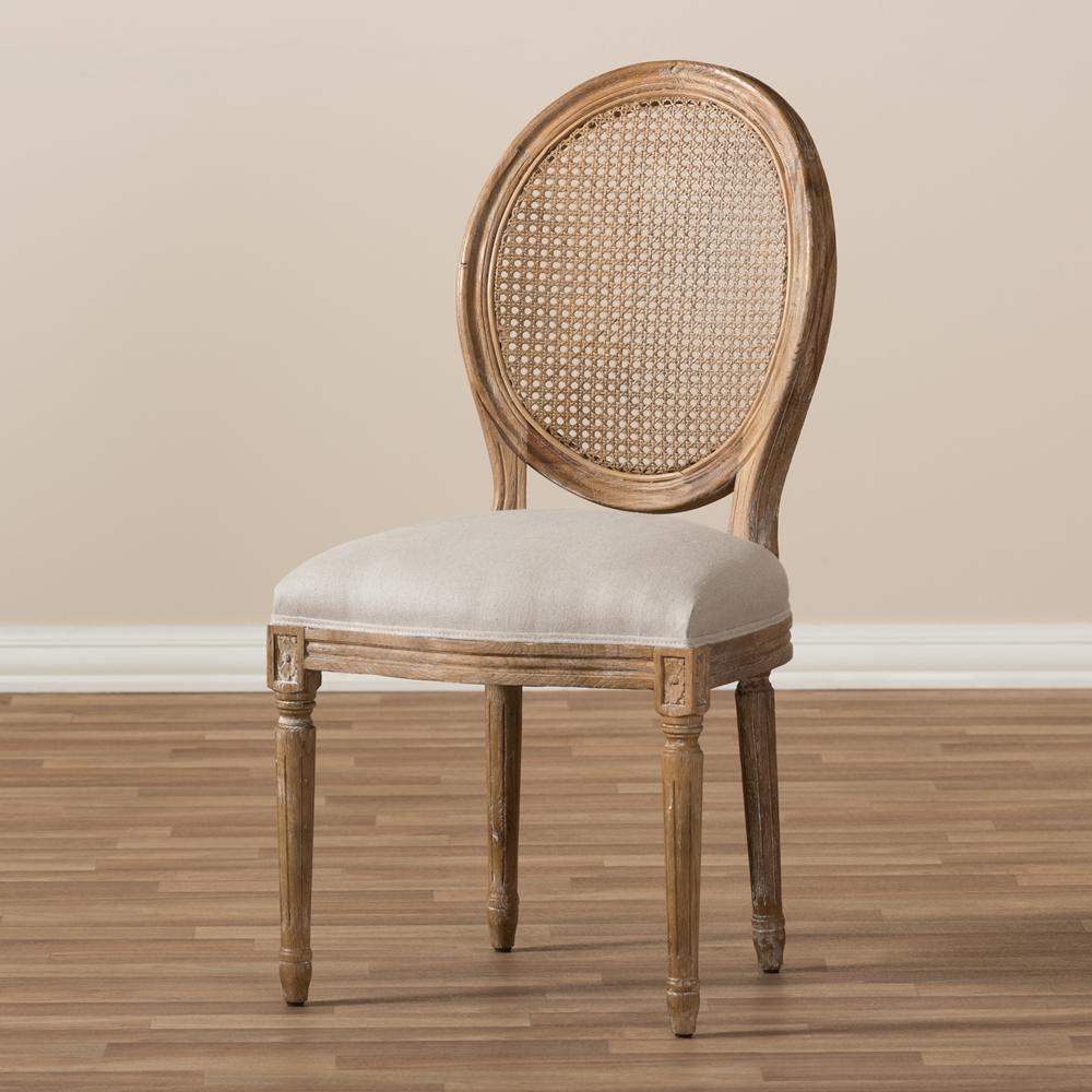 Adelia French Vintage Cottage Weathered Oak Finish Wood and Beige Fabric Upholstered Dining Side Chair with Round Cane Back FredCo
