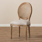 Adelia French Vintage Cottage Weathered Oak Finish Wood and Beige Fabric Upholstered Dining Side Chair with Round Cane Back FredCo