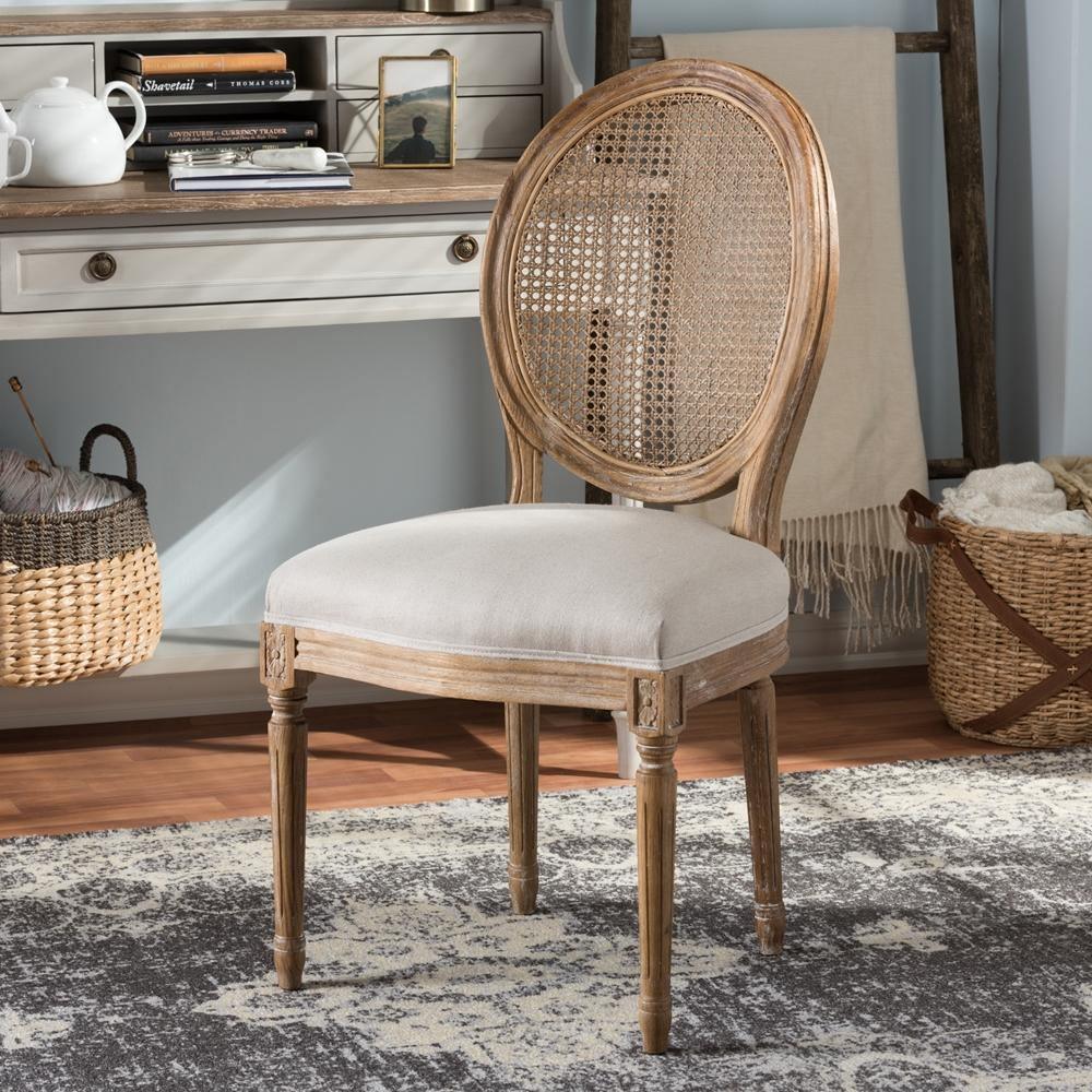 Adelia French Vintage Cottage Weathered Oak Finish Wood and Beige Fabric Upholstered Dining Side Chair with Round Cane Back FredCo