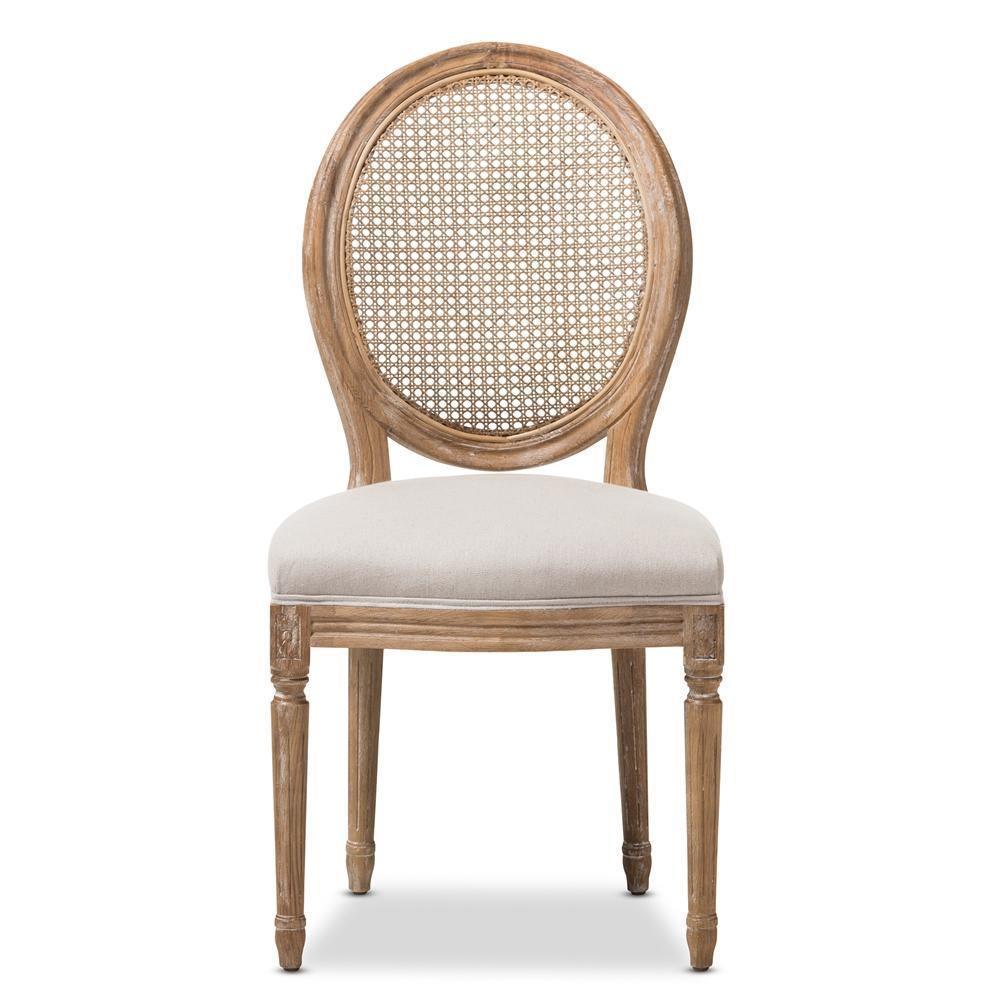 Adelia French Vintage Cottage Weathered Oak Finish Wood and Beige Fabric Upholstered Dining Side Chair with Round Cane Back FredCo