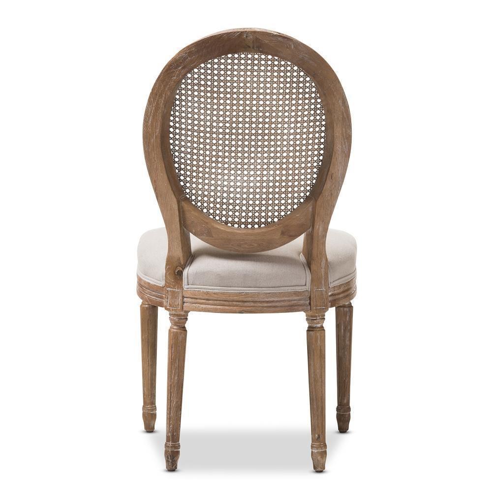 Adelia French Vintage Cottage Weathered Oak Finish Wood and Beige Fabric Upholstered Dining Side Chair with Round Cane Back FredCo