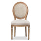 Adelia French Vintage Cottage Weathered Oak Finish Wood and Beige Fabric Upholstered Dining Side Chair with Round Cane Back FredCo