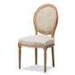 Adelia French Vintage Cottage Weathered Oak Finish Wood and Beige Fabric Upholstered Dining Side Chair with Round Cane Back FredCo