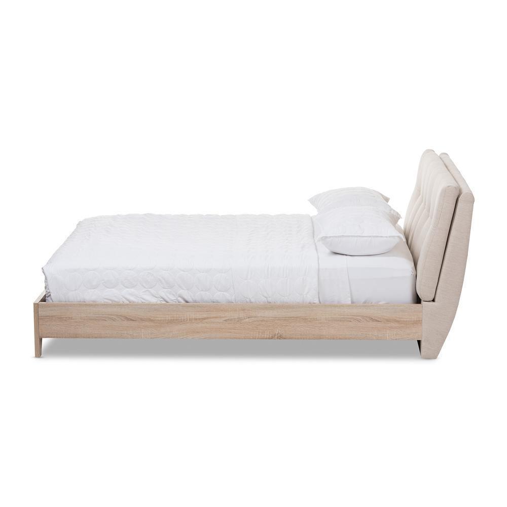 Adelia Mid-Century Light Beige Whitewash Queen Size Platform Bed FredCo