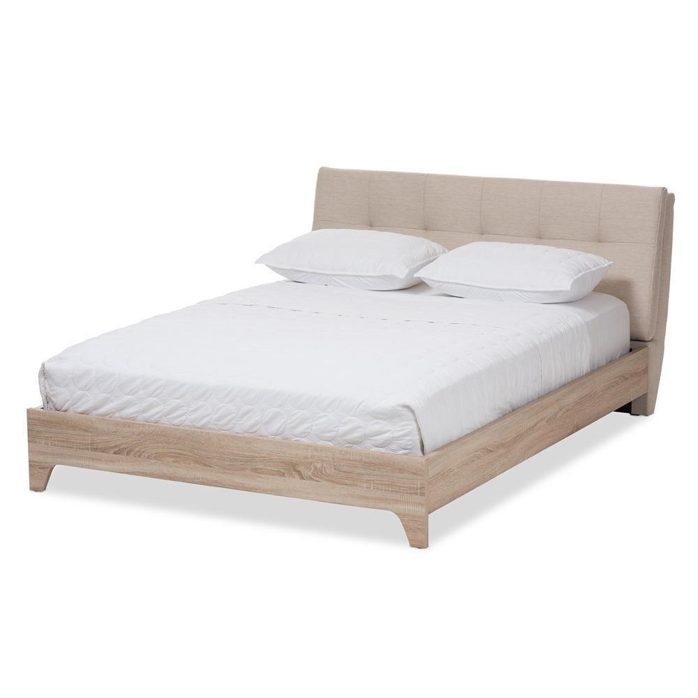 Adelia Mid-Century Light Beige Whitewash Queen Size Platform Bed FredCo