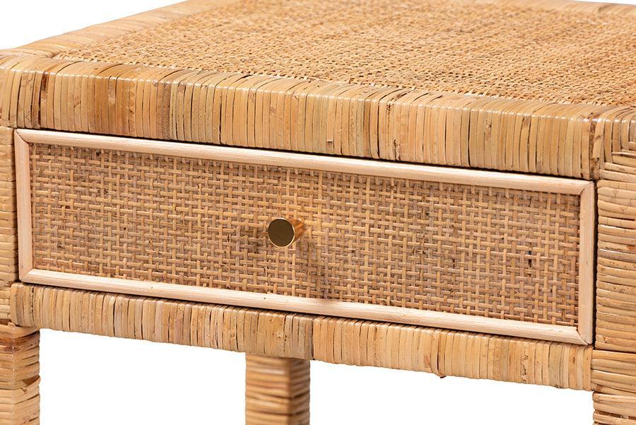 Adelia Modern Bohemian Natural Rattan and Mahogany Wood 1-Drawer Nightstand FredCo