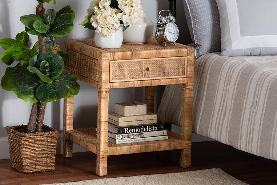 Adelia Modern Bohemian Natural Rattan and Mahogany Wood 1-Drawer Nightstand FredCo