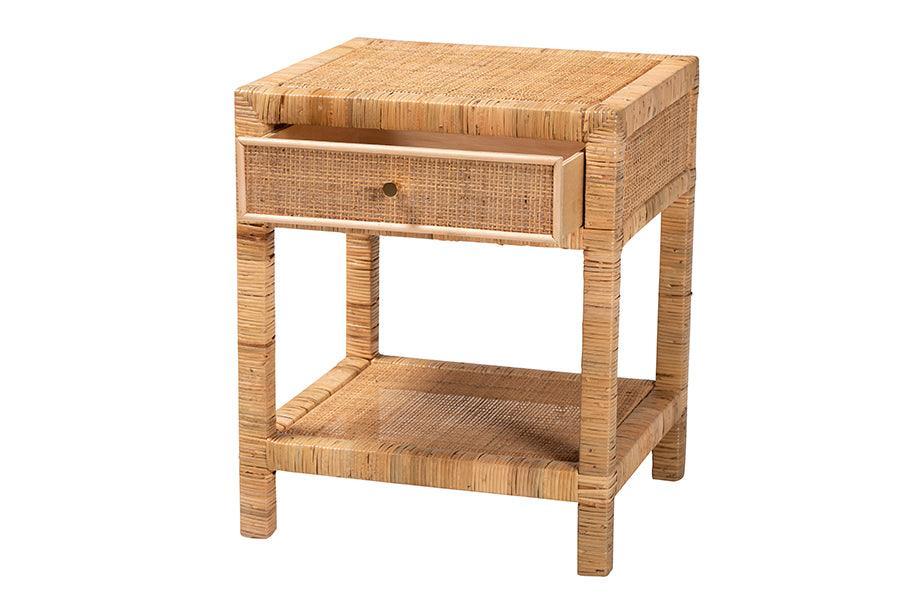 Adelia Modern Bohemian Natural Rattan and Mahogany Wood 1-Drawer Nightstand FredCo