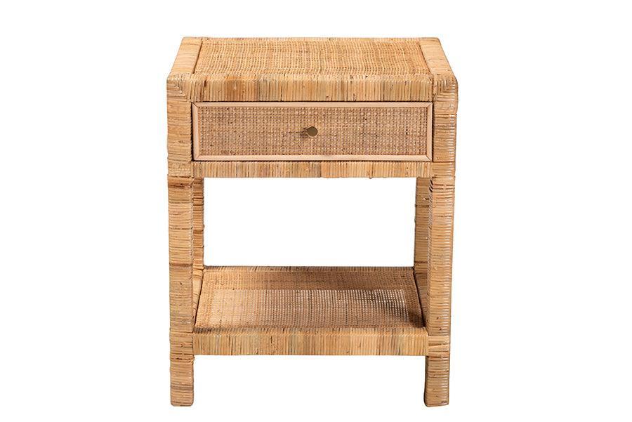 Adelia Modern Bohemian Natural Rattan and Mahogany Wood 1-Drawer Nightstand FredCo