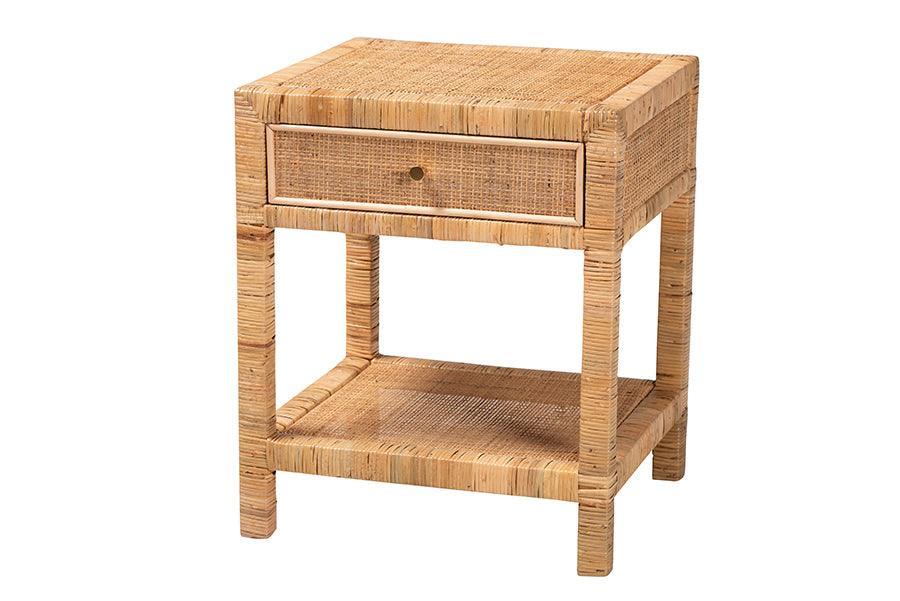 Adelia Modern Bohemian Natural Rattan and Mahogany Wood 1-Drawer Nightstand FredCo