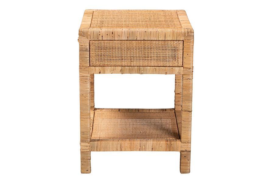 Adelia Modern Bohemian Natural Rattan and Mahogany Wood 1-Drawer Nightstand FredCo