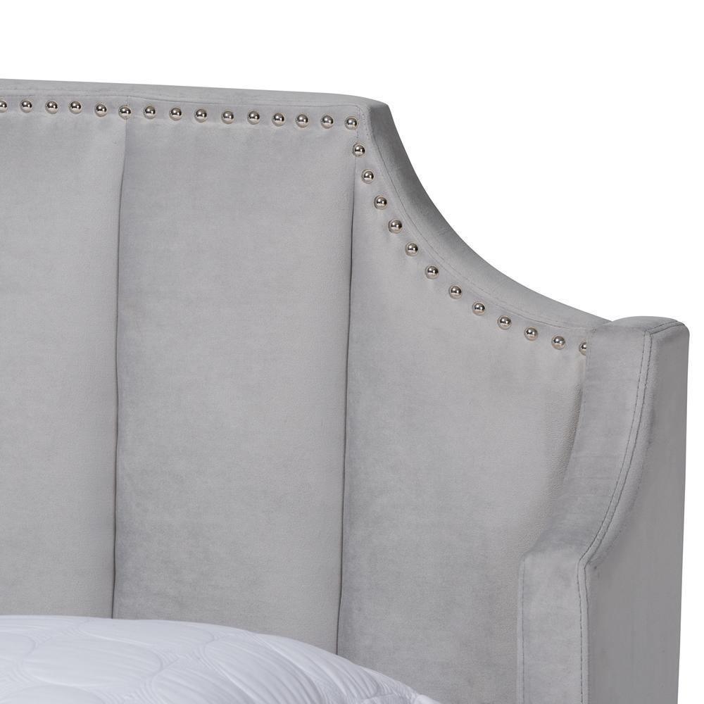 Adelie Modern Glam Light Grey Velvet Fabric Upholstered Walnut Brown Finished Wood Queen Size Wingback Platform Bed FredCo