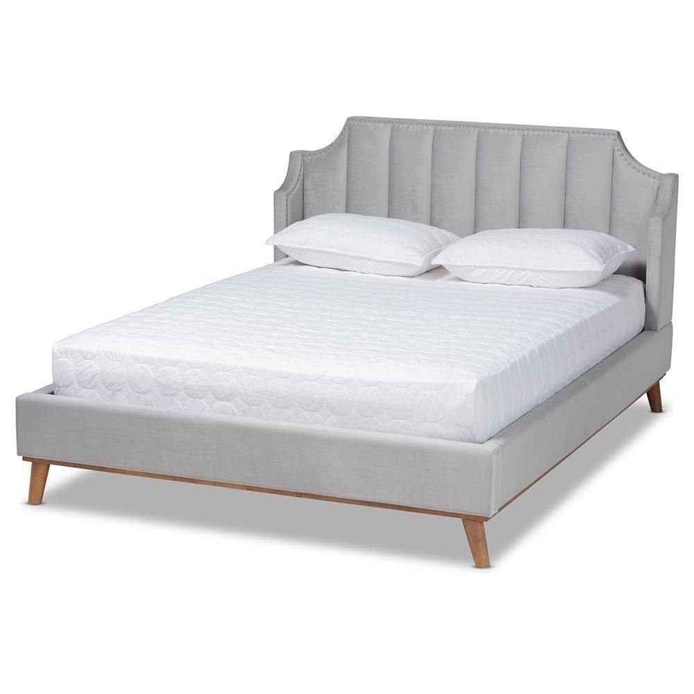 Adelie Modern Glam Light Grey Velvet Fabric Upholstered Walnut Brown Finished Wood Queen Size Wingback Platform Bed FredCo