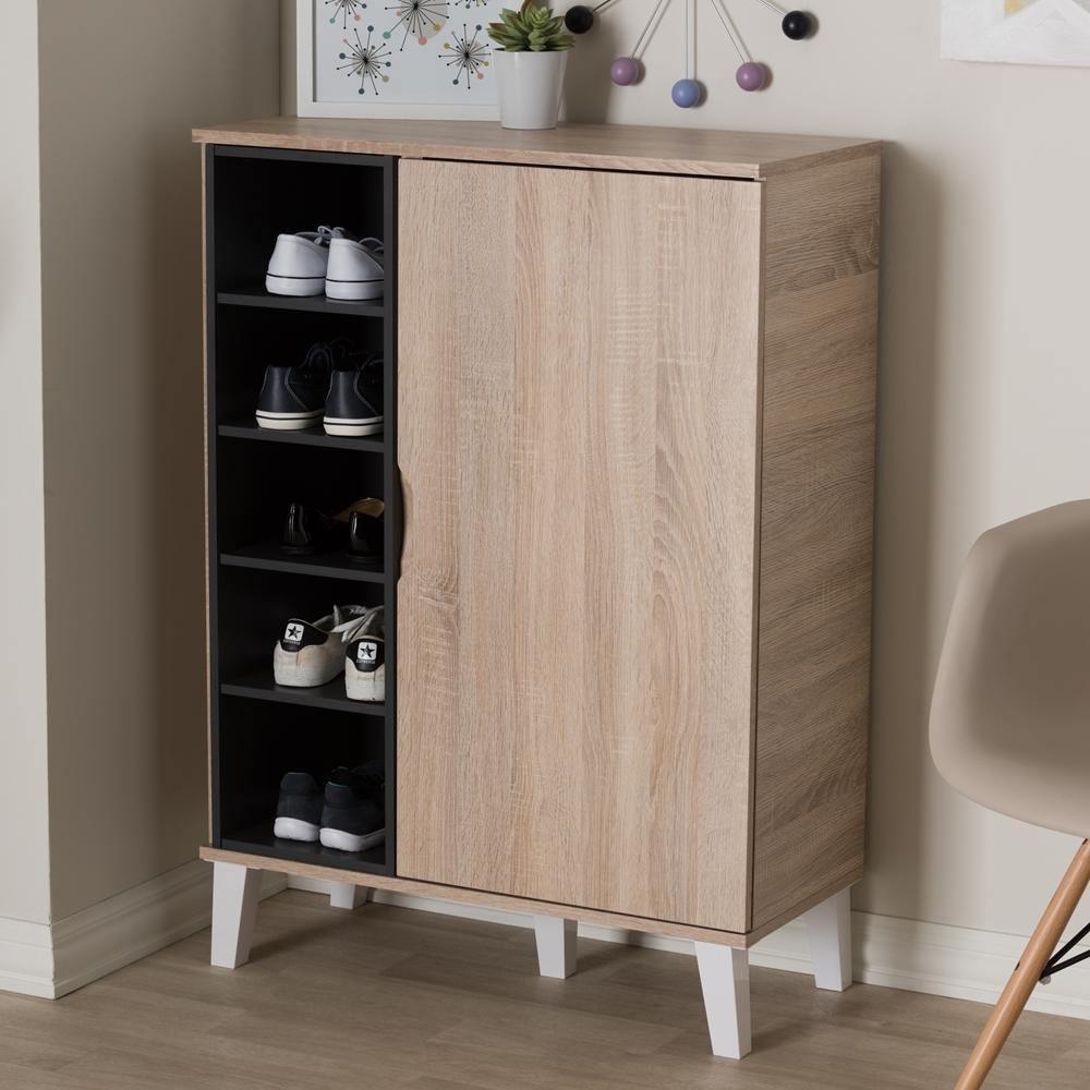 Adelina Mid-Century Modern 1-door Oak and Grey Wood Shoe Cabinet FredCo