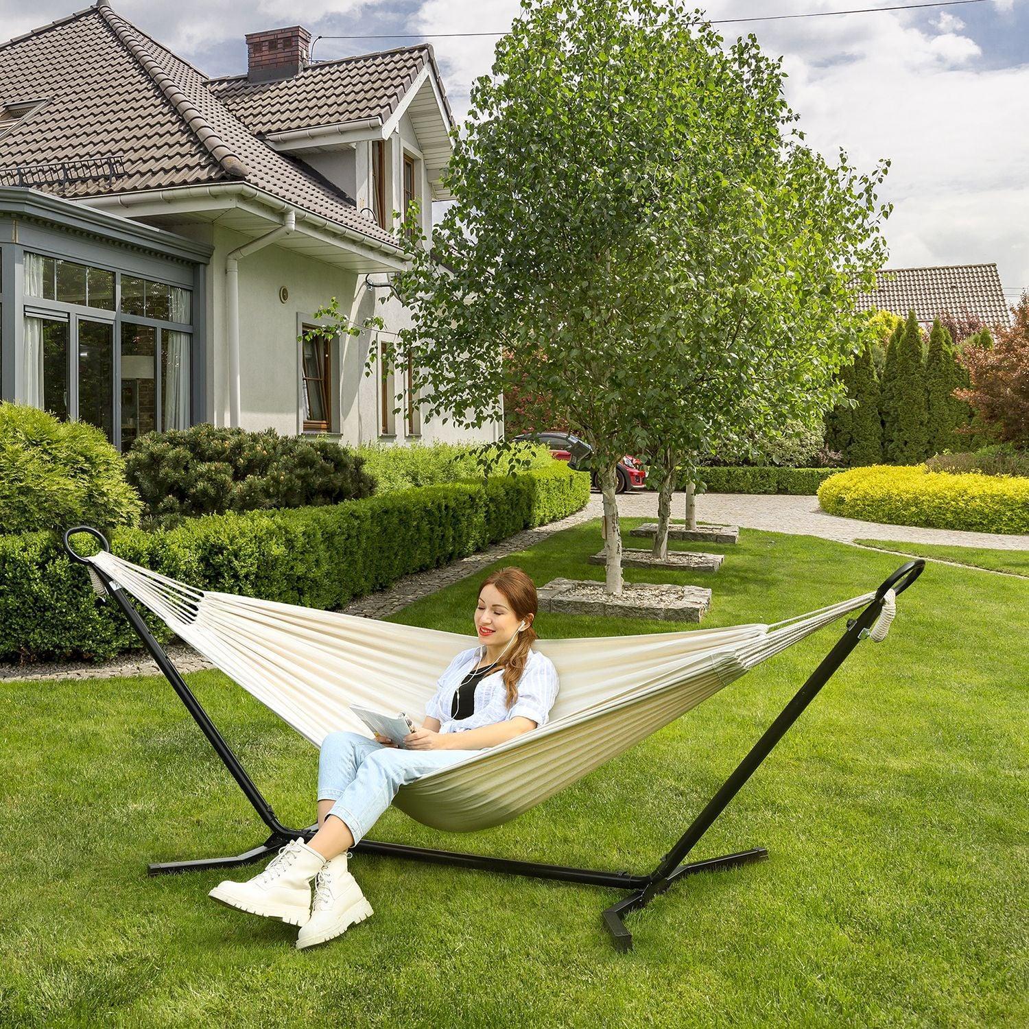 Adjustable-Height Outdoor Hammock with Stand Beige FredCo