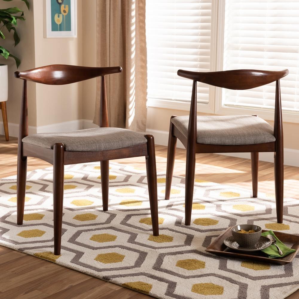 Aeron Mid-Century Modern Light Gray Fabric Upholstered Walnut Finished Wood Dining Chair Set of 2 FredCo