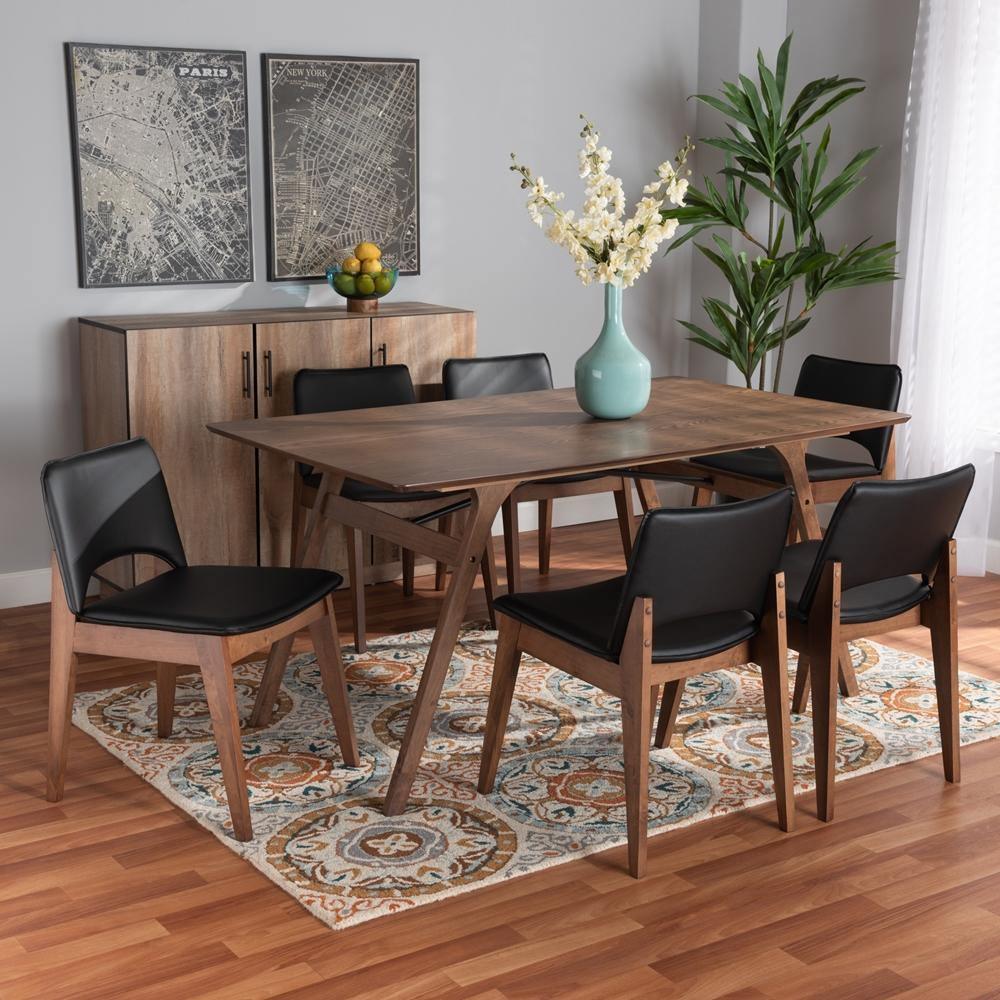 Afton Mid-Century Modern Black Faux Leather Upholstered and Walnut Brown Finished Wood 7-Piece Dining Set FredCo
