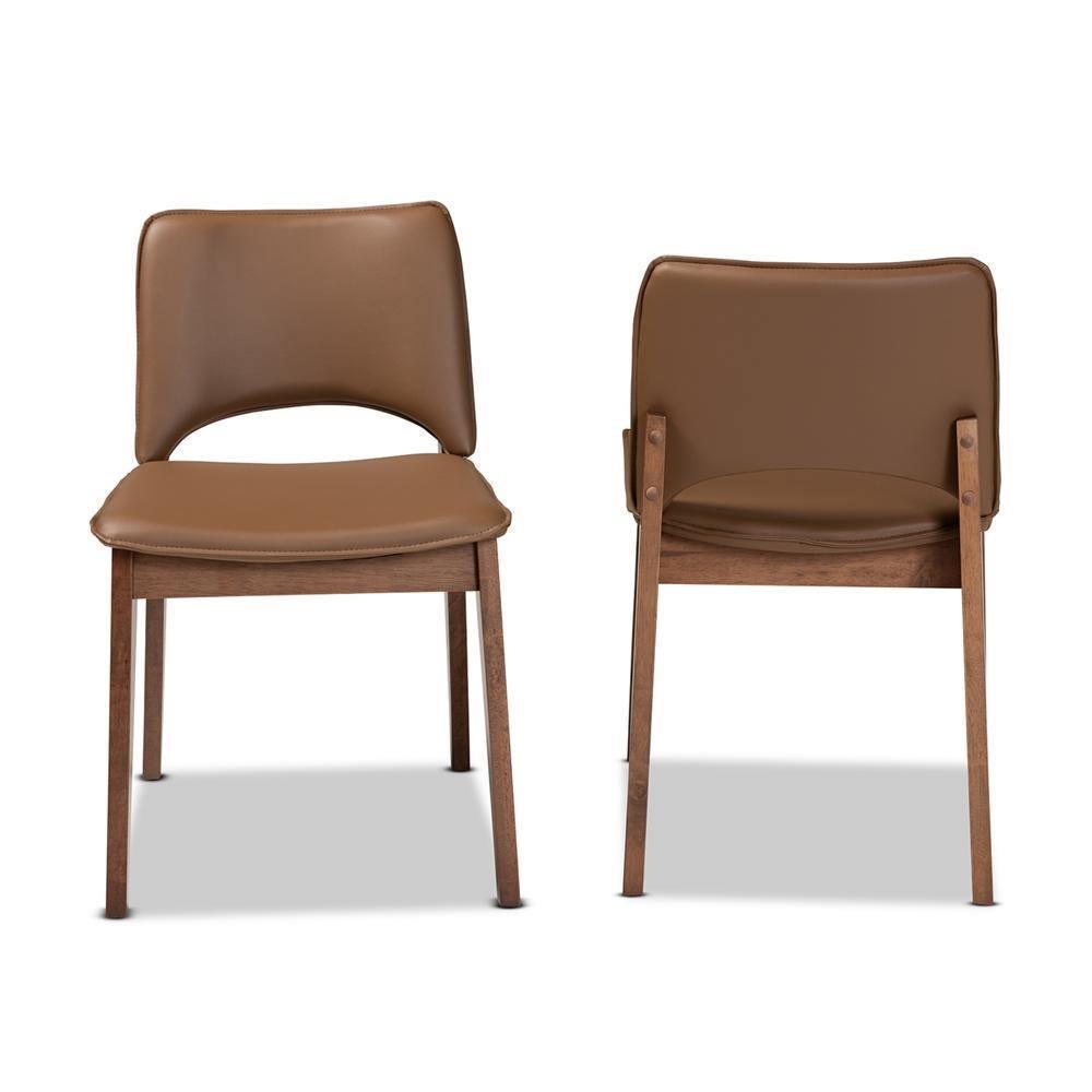 Afton Mid-Century Modern Brown Faux Leather Upholstered and Walnut Brown Finished Wood 2-Piece Dining Chair Set FredCo