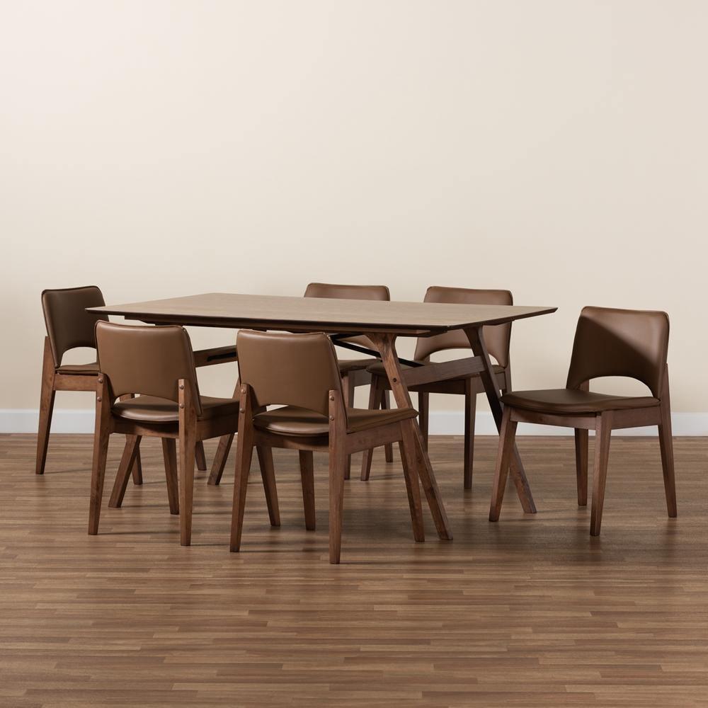 Afton Mid-Century Modern Brown Faux Leather Upholstered and Walnut Brown Finished Wood 7-Piece Dining Set FredCo