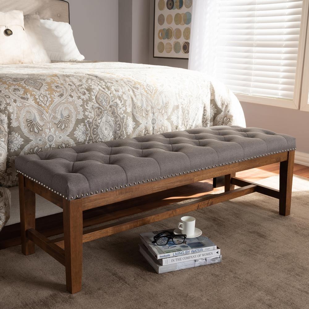 Ainsley Modern and Contemporary Grey Fabric Upholstered Walnut Finished Solid Rubberwood Bench FredCo
