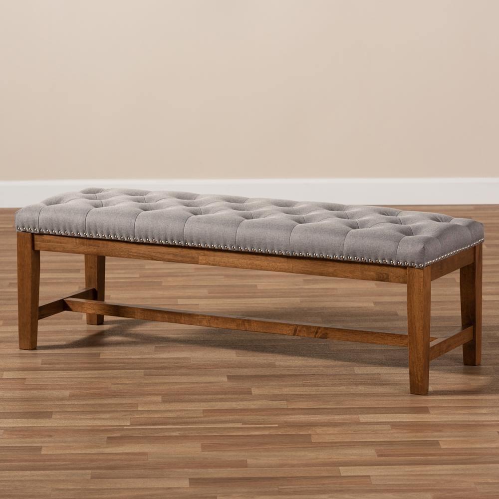 Ainsley Modern and Contemporary Grey Fabric Upholstered Walnut Finished Solid Rubberwood Bench FredCo