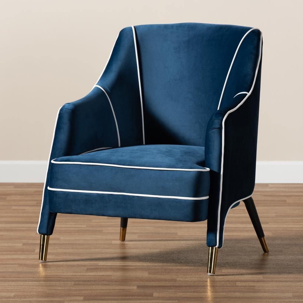 Ainslie Glam and Luxe Navy Blue Velvet Fabric Upholstered Gold Finished Armchair FredCo
