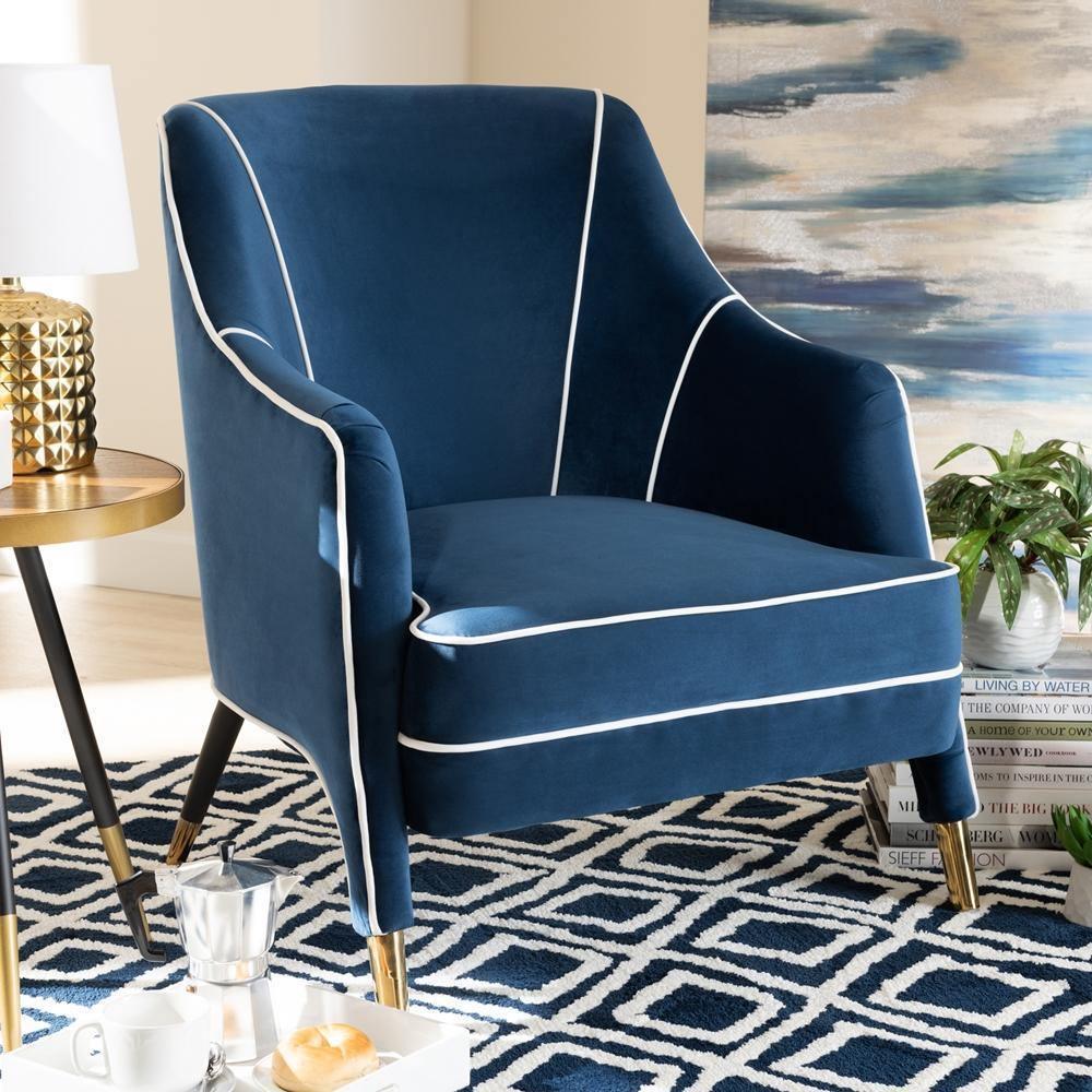 Ainslie Glam and Luxe Navy Blue Velvet Fabric Upholstered Gold Finished Armchair FredCo
