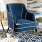 Ainslie Glam and Luxe Navy Blue Velvet Fabric Upholstered Gold Finished Armchair FredCo