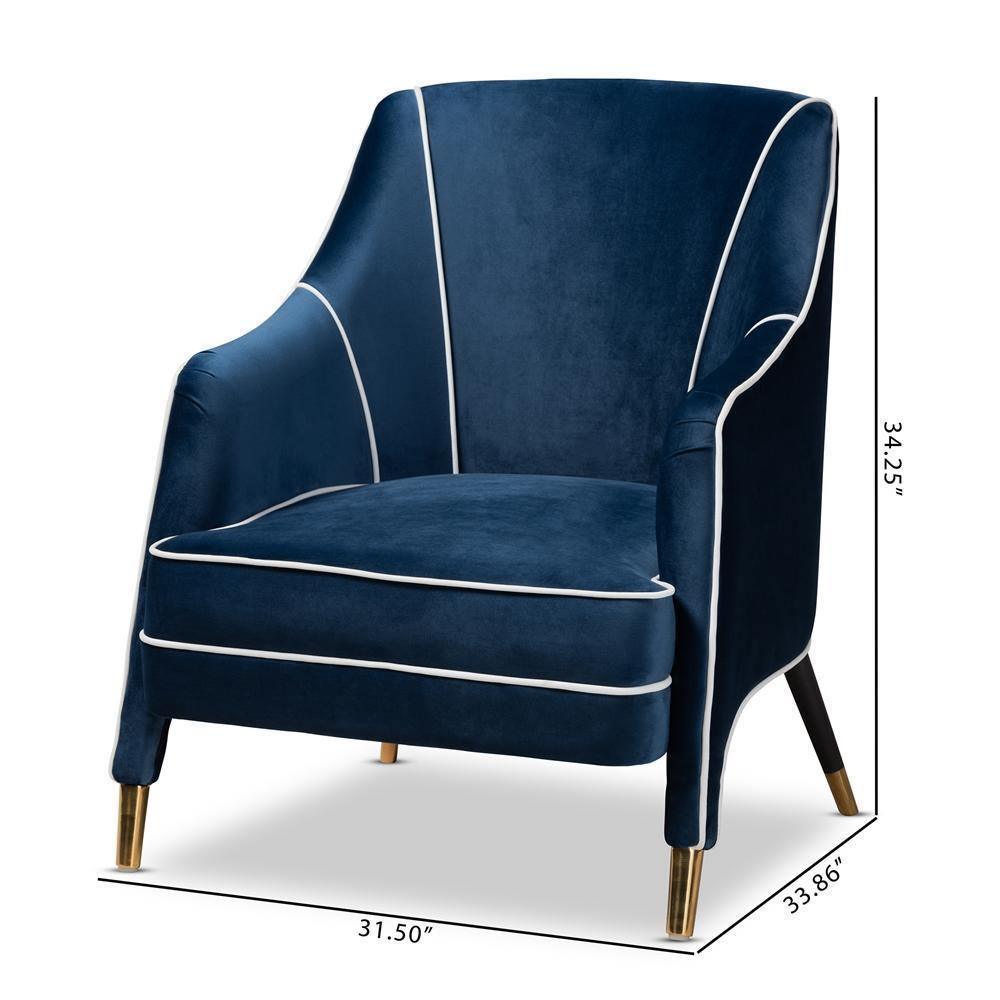 Ainslie Glam and Luxe Navy Blue Velvet Fabric Upholstered Gold Finished Armchair FredCo