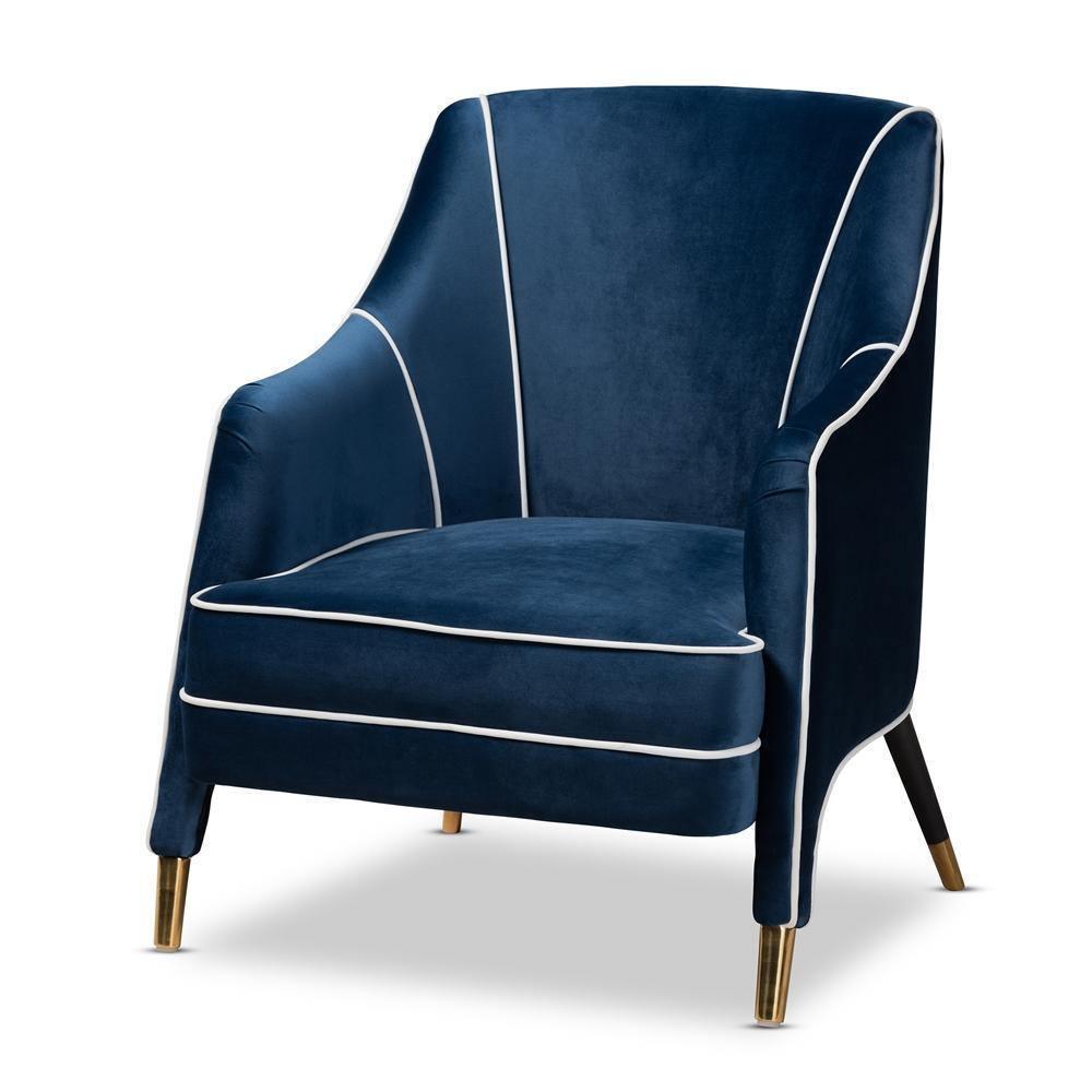 Ainslie Glam and Luxe Navy Blue Velvet Fabric Upholstered Gold Finished Armchair FredCo