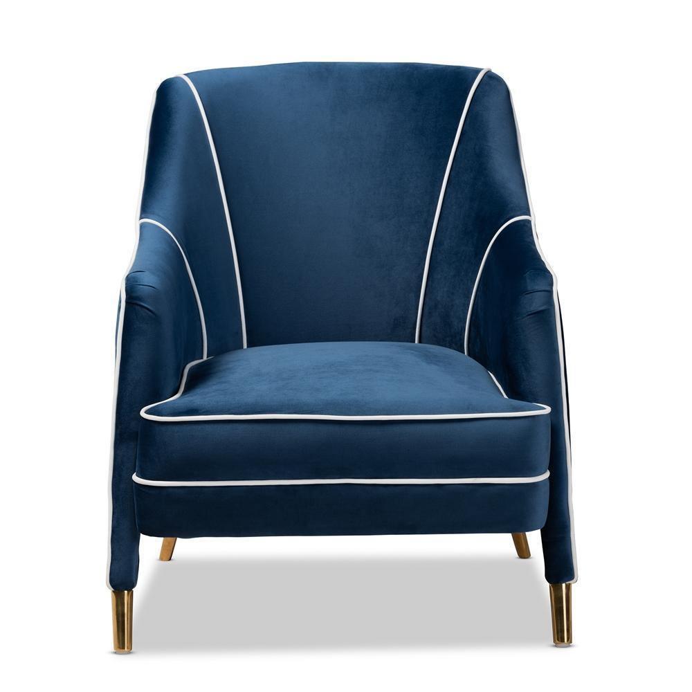 Ainslie Glam and Luxe Navy Blue Velvet Fabric Upholstered Gold Finished Armchair FredCo